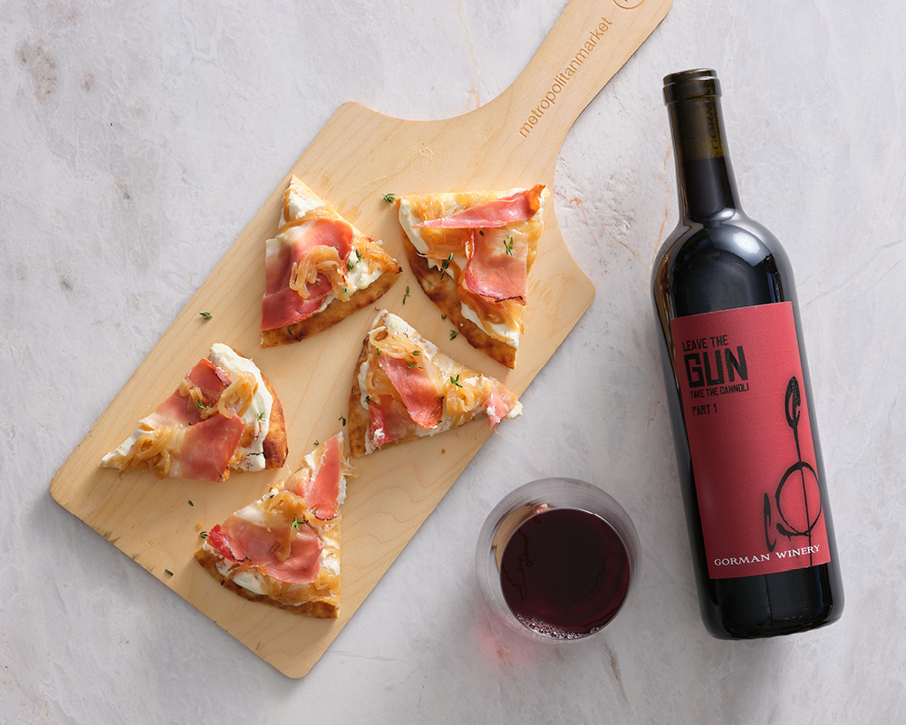 Flatbread with sweet onions and Gorman Winery Leave the Gun Super Tuscan Blend