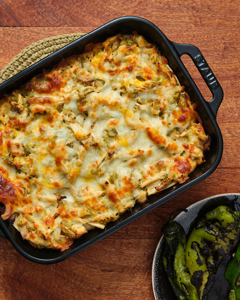 Hatch chile chicken enchilada casserole with roasted chiles
