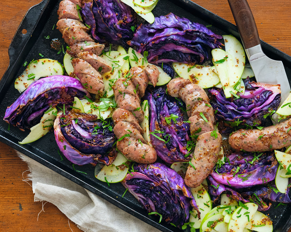 Sheet pan sausage, cabbage, and apples