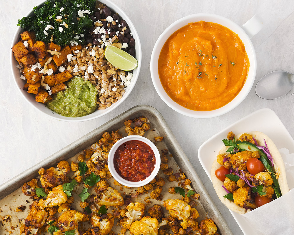 Southwest kale bowl, carrot ginger soup, and sheet-pan roasted chickpea and cauliflower pitas