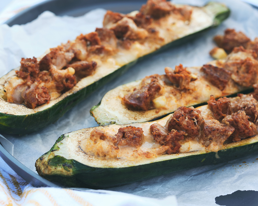 Chorizo stuffed zucchini boats