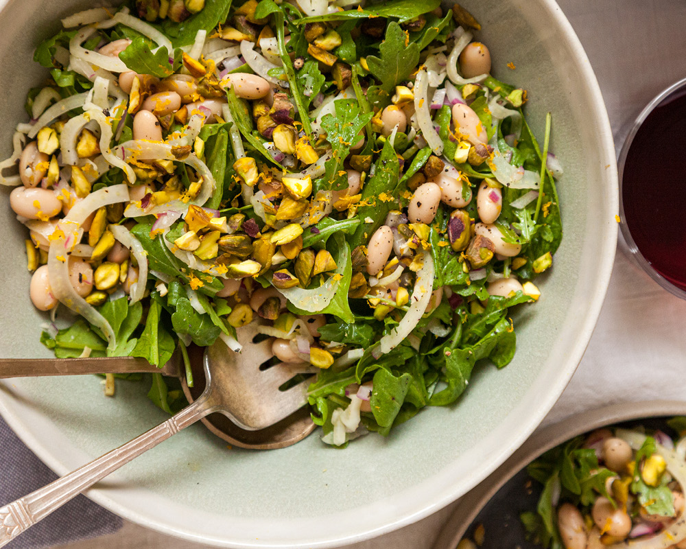 Marinated cannellini beans, fennel, pistachios, and arugula salad