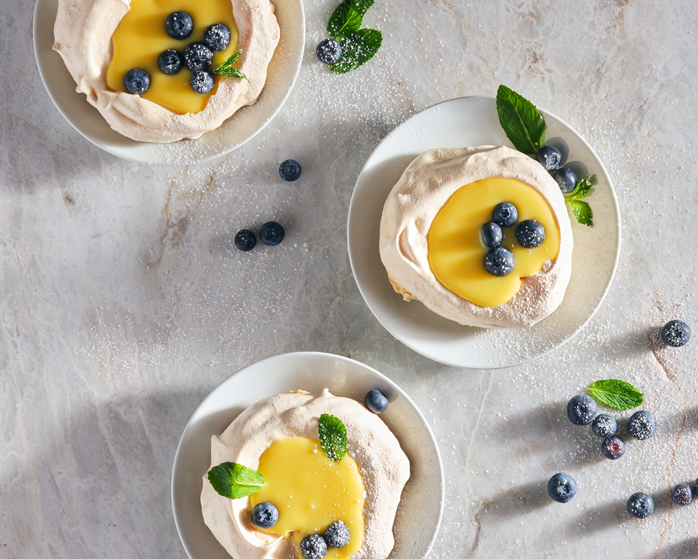 Lemon and blueberry pavlovas