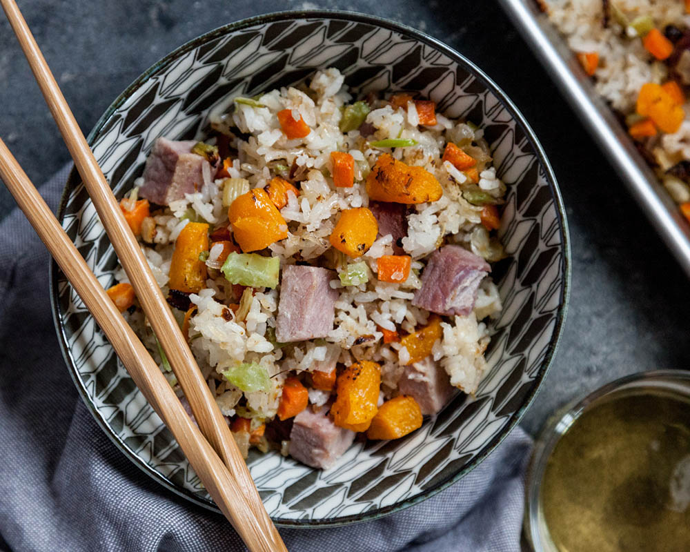 Sheet-pan fried rice with ham and squash