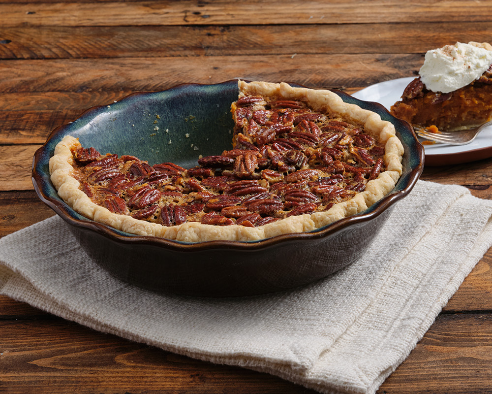 Emile Henry anniversary pie plate with sweet potato pecan pie
