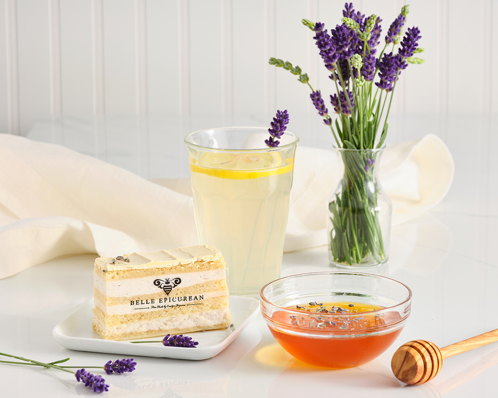 Lavender flowers with lemonade, cake, and honey