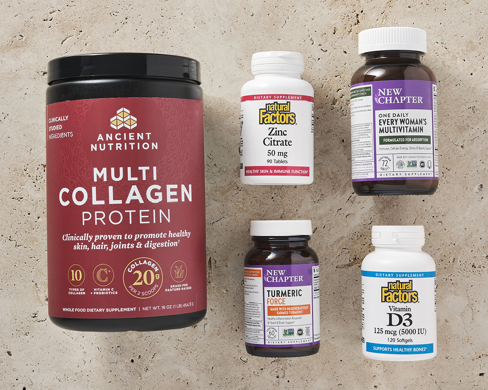 Ancient Nutrition, Natural Factors, and New Chapter supplements on tan background